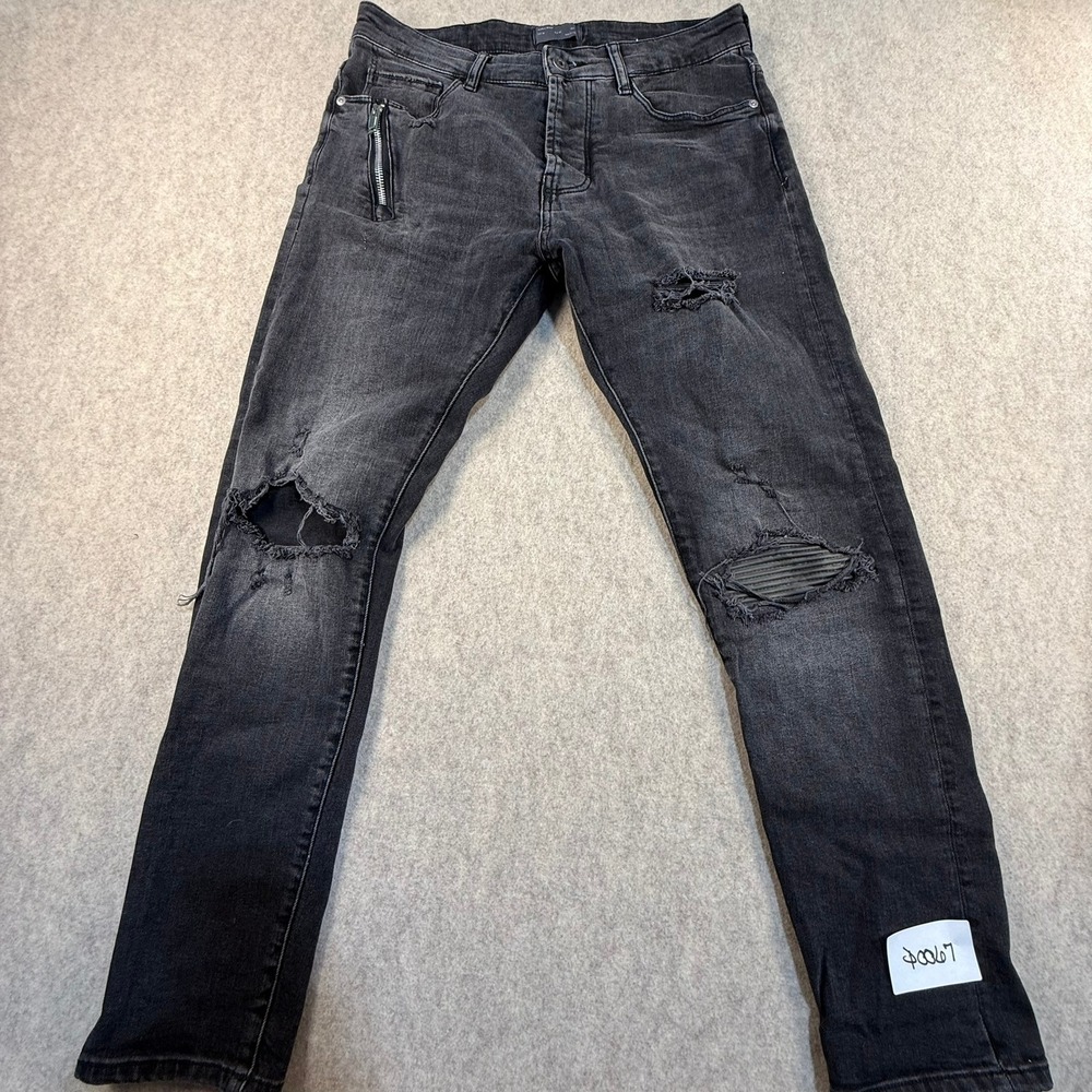 Zara Man Distressed Biker Jeans Faded Black‎ Slim Fit Zipper Pocket USA 30